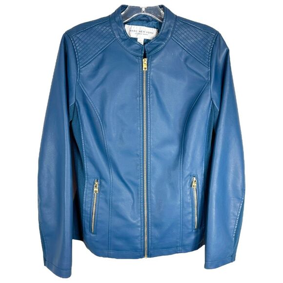 Marc New York Small Jacket Faux Leather Blue Full Zip Moto Lined Pockets‎ 1520 - Picture 1 of 6